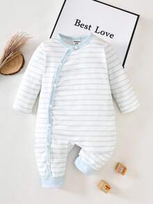 SHEIN 新生男宝宝蓝色条纹连体衣，秋冬款 - 藍色 - 查看 2