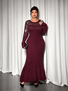 Allurite Christmas Plus Size Sweater Dresses - Burgundy - View 6