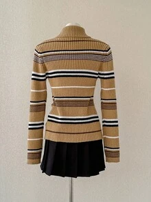 SHEIN Unity 女式简约时尚卡其色条纹长袖高领修身针织毛衣，秋冬 - 卡其色 - 查看 2