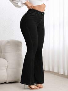 Flexra Plus Size Washed High Waist Slim Fit Flare Jeans - Black - View 4