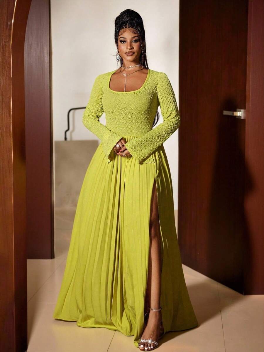 Maweii Plus Size Women Spring Ruffle High Slit Long Sleeve Dress - Green - View 1
