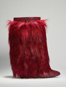 SHUZIA Botas de caña media con puntera puntiaguda y tacón de cuña de piel sintética para mujer - Burdeos - Ver 6