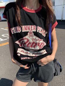 DAZY Camiseta de manga corta con texto gráfico de ajuste holgado informal, adecuada para uso diario Y2K - Negro - Ver 10
