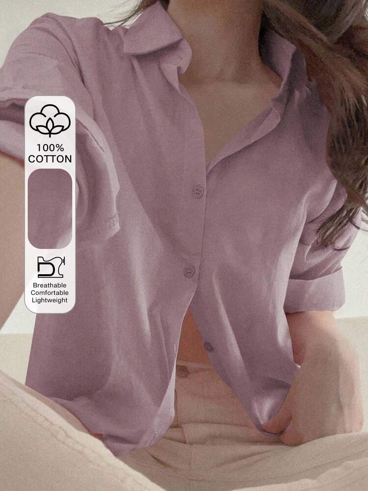 Women's Loose Solid Color Button Up Blouse, Fashionable For Summer,Fall Long Sleeve Top