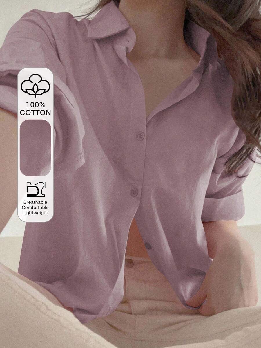 DAZY 女式宽松纯色纽扣衬衫，时尚夏季、秋季长袖上衣 - 紫色 - 查看 1