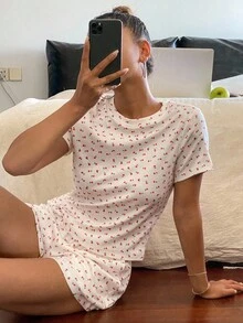 Livesso 2 件套 Ditsy Floral 女士短袖睡衣套装