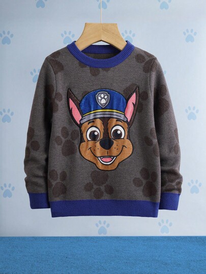 SHEIN | PAW Patrol Young Boy Casual Dog Pattern Contrast Trim Sweater, Autumn/Winter Kids Jumpers Kids Sweater 8 Years Old Boy Knitwear Fall