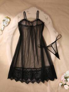 DelicateAllure 大码性感内衣套装，包括细肩带文胸和低腰丁字裤 - 黑色 - 查看 1