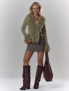 MUSERA Knit Shaggy Trim Fitted Cardigan Fall Autumn Cosy Fluffy Cute Casual Coffee Club Winter  Evening Party Elegant  Spring Sweater