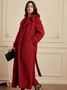 BELROSIE Shiny Dark Red Cinched Waist Long Overcoat,Lustrous Blended Soft Elegant Autumn Design,Perfect For Dinner Date,Parties Or Everyday Wear - Red - View 3