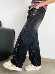 青少年男孩时尚休闲 Y2K 复古酷炫街头返校季学院风闪亮字母水钻设计基础款简约舒适黑色宽松牛仔裤，适合日常穿着、秋冬季节以及锐舞音乐节和街头潮流。 - 黑色 - 查看 3