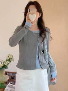 DAZY 女士撞色长袖二合一斜领圆领蝴蝶T恤，秋季服装