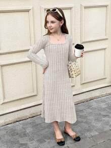 SHEIN Vestito a maniche lunghe con vita stretta in maglia a costine per ragazze pre-adolescenti, adatto per abbigliamento casual, ritorno a scuola, cerimonie, uso quotidiano, scuola, viaggi, sport, autunno/inverno