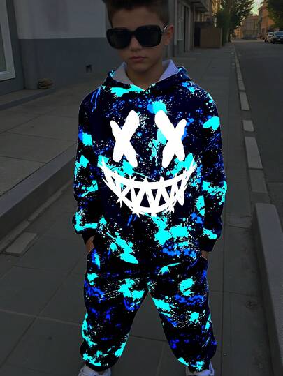 SHEIN 2 Stücke Tween Jungen Leuchtend Holografischer Muster Hoodie und Hose Set