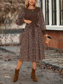EMERY ROSE Đầm dài tay cổ tròn họa tiết hoa chắp vá đơn giản dành cho nữ - màu nâu - Xem 4