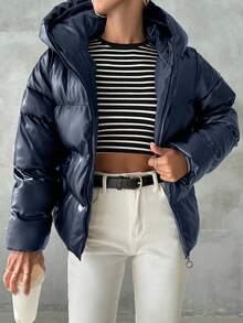 EURMUSE Abrigo acolchado para mujer, unicolor, de moda para el invierno - Azul Marino - Ver 5