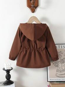 SHEIN Elladie kids 1件女童純色休閒連帽外套，腰部設計，適合秋冬穿著，適用於學校、戶外活動、家庭聚會，保暖舒適，棕色連帽夾棉外套，女童秋冬外套衣 - 棕色 - 查看 2