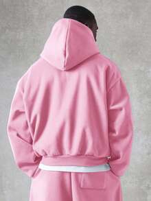 SUMWON 经典全拉链连帽衫，带抽绳，休闲街头风居家服，日常舒适穿着，秋冬必备叠穿单品，纯色 - 淺粉色 - 查看 3
