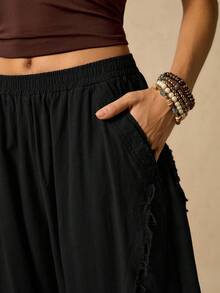 Easelle 女式休闲时尚街头时尚简约纯色松紧腰毛边香蕉裤 - 黑色 - 查看 6