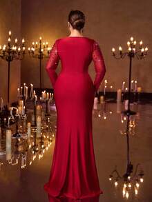 Glamrae Elegantes, romantisches Abendkleid in Große Größen mit asymmetrischem Ausschnitt, luxuriöser bestickter Applikation, langen transparenten Ärmeln, eingearbeiteten Pailletten, geraffter Taille, hohem Schlitz und verziertem Meerjungfrauensaum