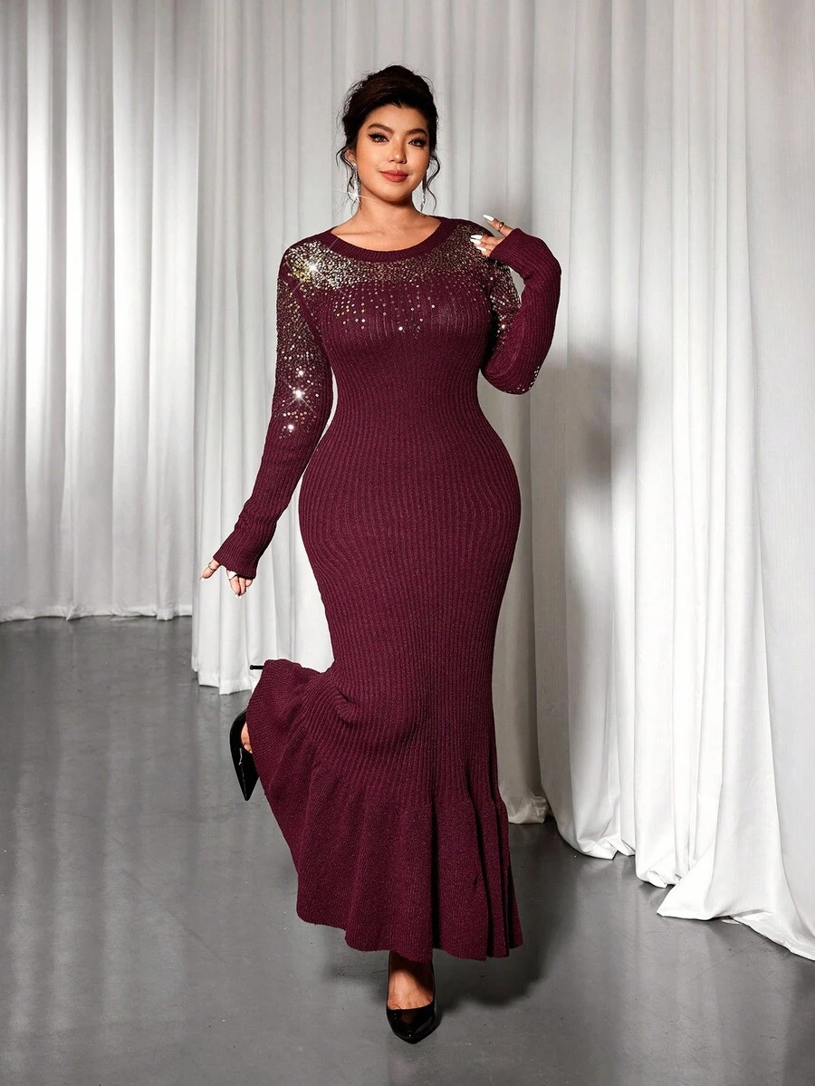 Allurite Christmas Plus Size Sweater Dresses - Burgundy - View 1