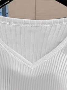 女士夏季纯色V领短袖休闲宽松T恤 - 白色 - 查看 4