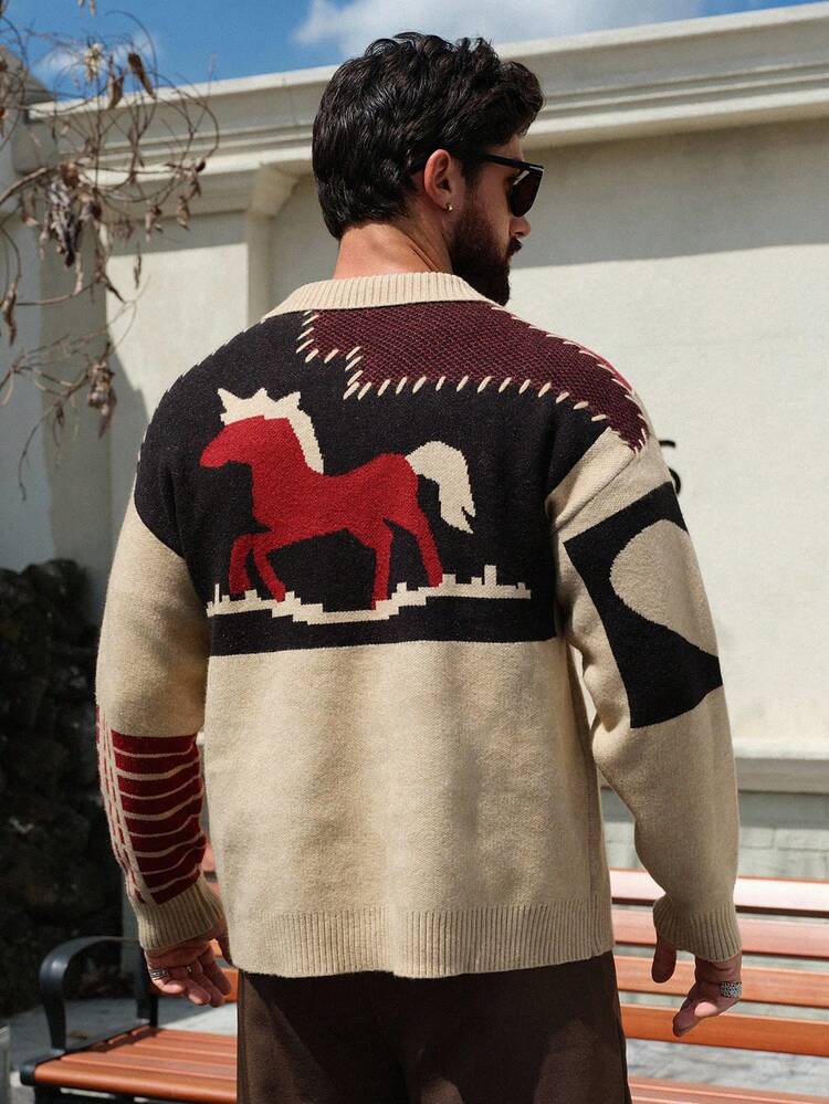 Multi-Color Patterned & Letter Intarsia Cardigan Sweater For Men, Autumn/Winter
