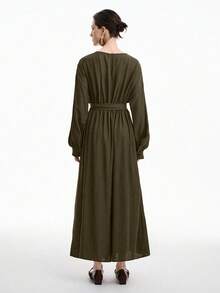 Lyxana Solid Drop Shoulder Belted Dress - Olive Green - View 2