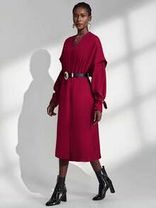 Almamuse 女士优雅宽松长袖酒红色长款开衫 - 酒紅色 - 查看 5