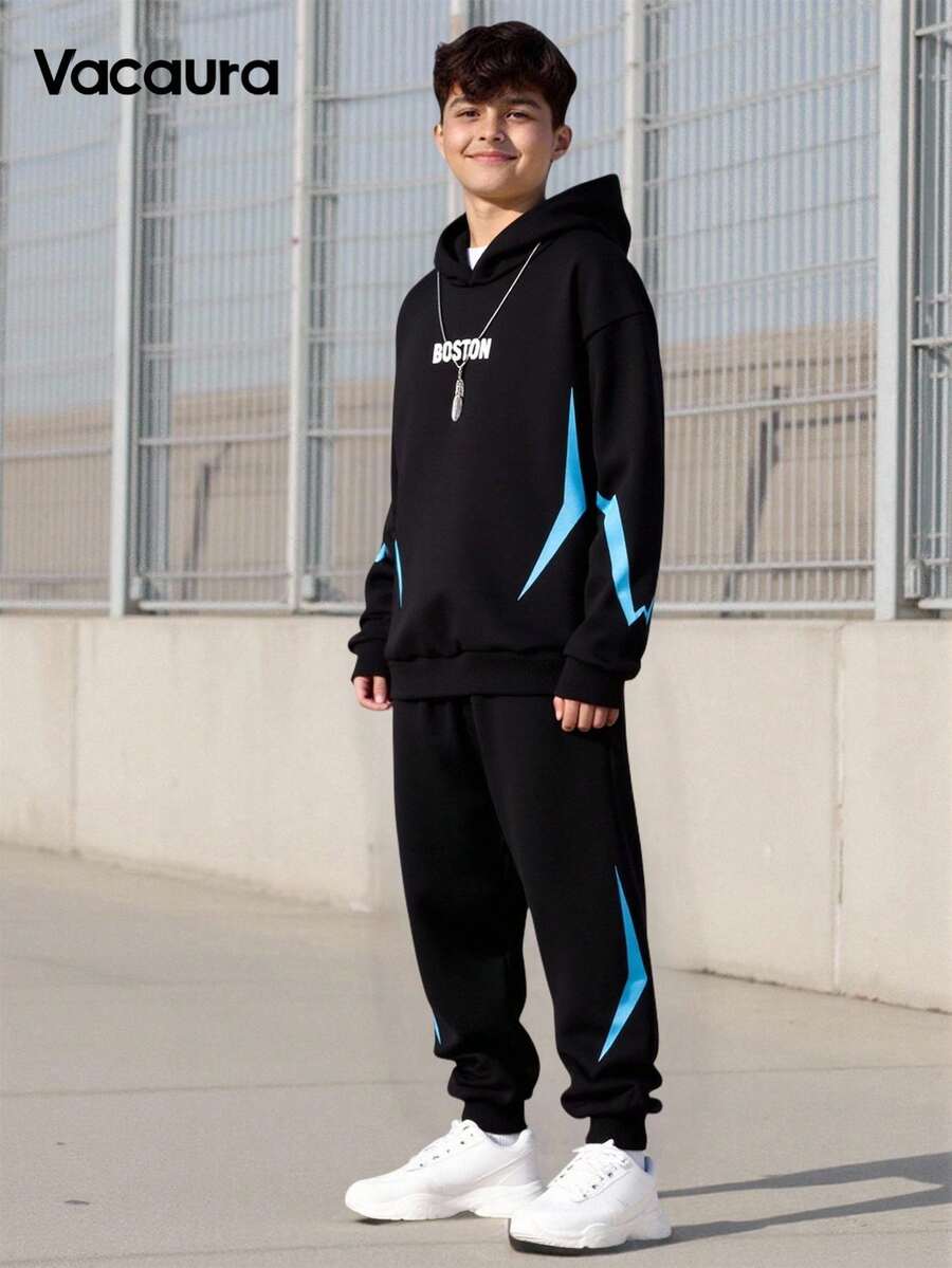 2pcs/Set Teen Outdoor Casual Sports BOSTON Letter & Lightning Graphic Hoodie Sweatshirt + Sweatpants Set, Autumn/Winter Fall