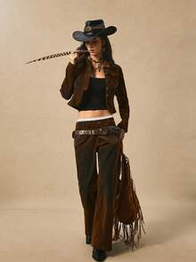 Easelle Áo khoác denim cổ bẻ phong cách Boho Chic cổ điển dành cho nữ Áo khoác nữ màu nâu Áo khoác nữ màu nâu ngắn Áo khoác nữ màu nâu nhung Áo khoác ngắn Áo khoác nữ kiểu miền Tây - Nhiều màu - Xem 10