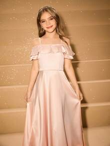 女孩优雅奢华香槟色无袖露肩长裙，适合晚会、宴会、婚礼、花童、舞会、圣诞节、万圣节等场合 - 香檳色 - 查看 1