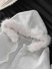 Genkimix Kids Tween Girls Casual Thermal Lined Faux Fur Trim Zip Up Hoodie, Gray Zip Up Jacket Loose Fit, Girls Jacket With Hoodie Fall Winter - Light Grey - View 2