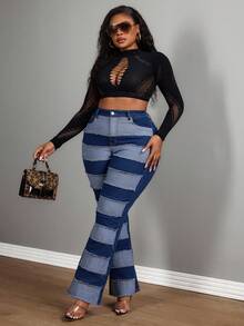 Slaydiva Winter Outfit Plus Size Women Cowgirl Style Blue Elastic Patchwork Straight Leg Jeans, Fall Outfit