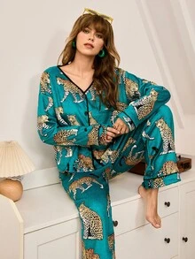 Chillnights 女士豹纹法兰绒睡衣套装，秋冬装 - 彩色 - 查看 6