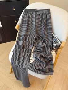 SHEIN Franclia 女士休闲条纹宽松保暖内衬裤，秋冬 - 灰色 - 查看 2