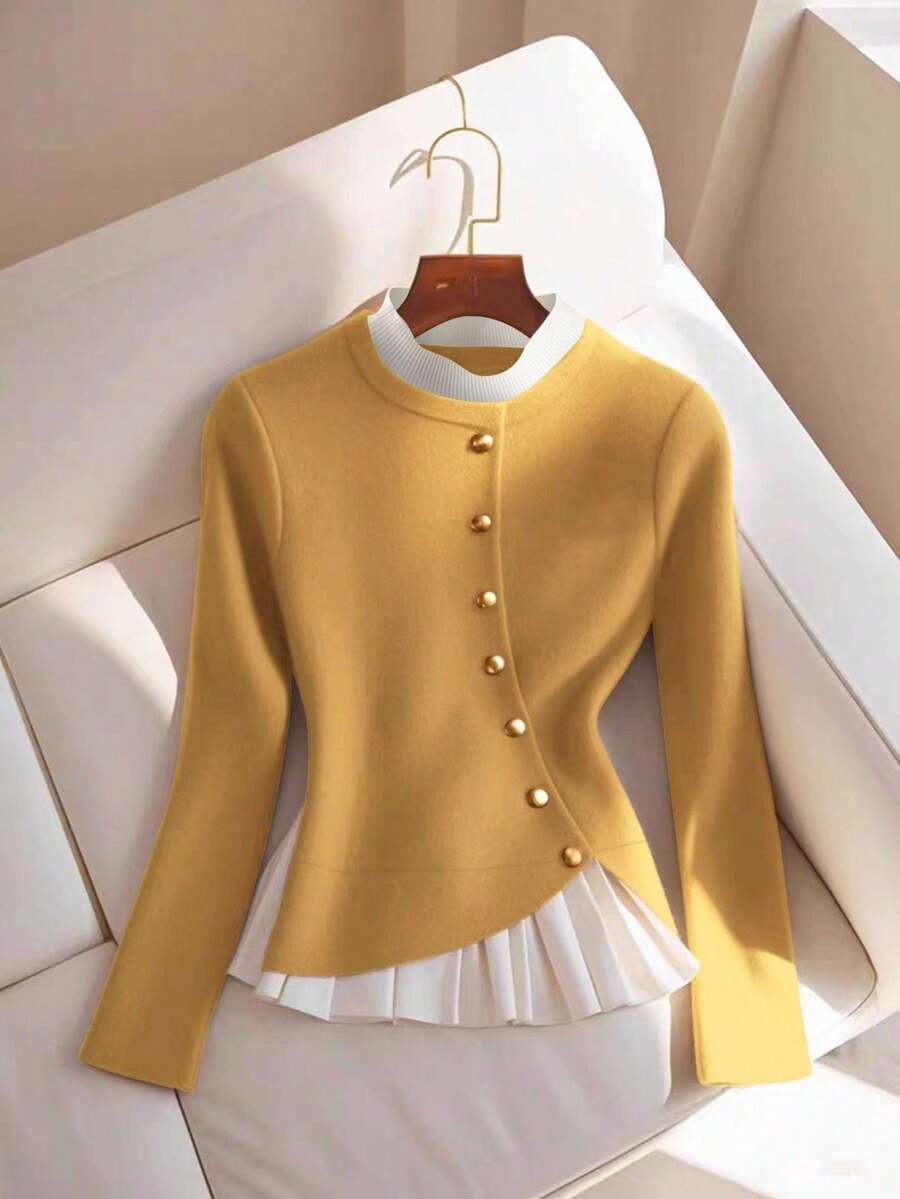 GlowEve 女士时尚休闲拼色纽扣缀饰长袖毛衣 - 黃色 - 查看 1