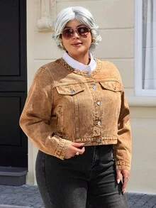 EMERY ROSE Plus Size Women's Vintage Washed Denim Jacket, Autumn - Coffee Brown - View 7