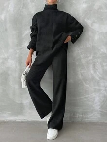 EURMUSE Turtleneck Drop Shoulder Split Hem Sweater & Knit Pants - Black - View 5