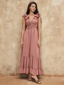 SHEIN Privé VITNOS 新款秋季花卉系带交叉露背连衣裙，返校连衣裙，女士性感鸡尾酒会礼服，婚礼宾客礼服，生日礼服 - 藕粉色 - 查看 4