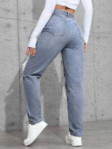 SHEIN EZwear 女士做旧水洗牛仔裤，简约设计 - 薄荷綠 - 查看 2
