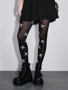 ROMWE Grunge Punk 1 Pair Dark Gothic Skull Print Tights/Pantyhose - Black - View 5