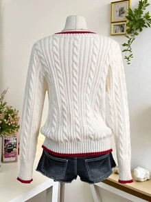 INAWLY Women's Contrast Color V-Neck Long Sleeve Twist Knit Casual Sweater, Autumn/Winter, Christmas - White - View 2