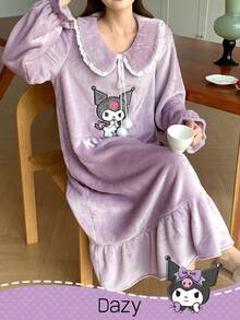HELLO KITTY AND FRIENDS | SHEIN DAZY 女士可爱卡通刺绣彼得潘领宽松长款法兰绒蓬松睡衣连衣裙，冬季