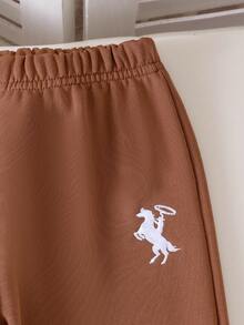 Elladie kids 2pcs/Set Girls Casual Solid Color Raglan Sleeve Sweatshirt And Pants Set, Knitted Crew Neck Outfit Fall Winter - Brown - View 3