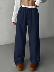 SHEIN EZwear 女款海军蓝拼接腰带休闲阔腿裤 - 藏蓝色 - 查看 5