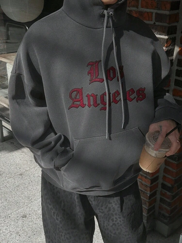 Men's Gothic Letter Embroidery Design Thermal Lined Hoodie, Charcoal Grey, Autumn/Winter