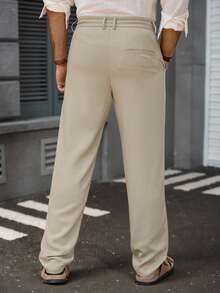 Manfinity Homme Pantalon décontracté à poche nouée de couleur unie pour hommes, polyvalent pour le port quotidien. Pantalon de jogging crème pour hommes, pour l'automne - Kaki - Voir 2