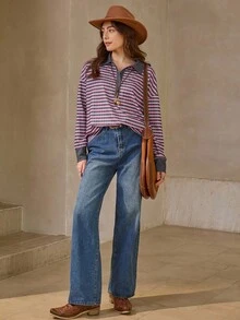 Wildy Áo thun tay dài cổ polo kẻ sọc phong cách miền Tây nước Mỹ, thích hợp cho thời trang đường phố, sân bay, trở lại trường học - Nhiều màu - Xem 3