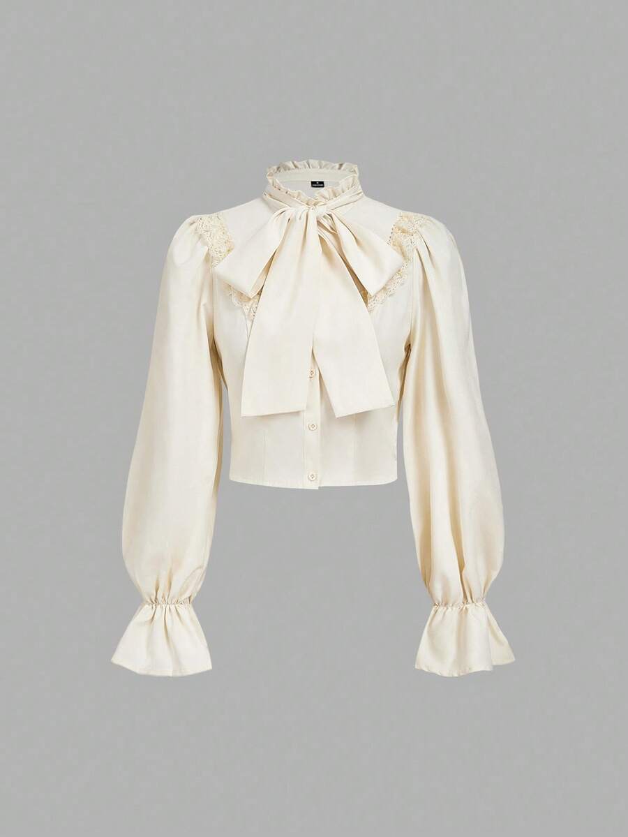 SHEIN MOD Apricot Ruffled Long-Sleeved Blouse With Big Bow,Long Sleeve Tops - Apricot - View 1